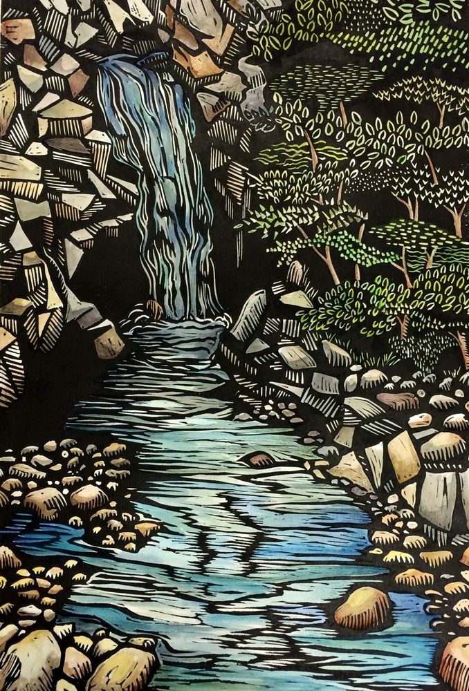 waterfall image woodcut painting by Beth Atkinson