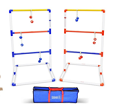 red and blue ladder toss game with case