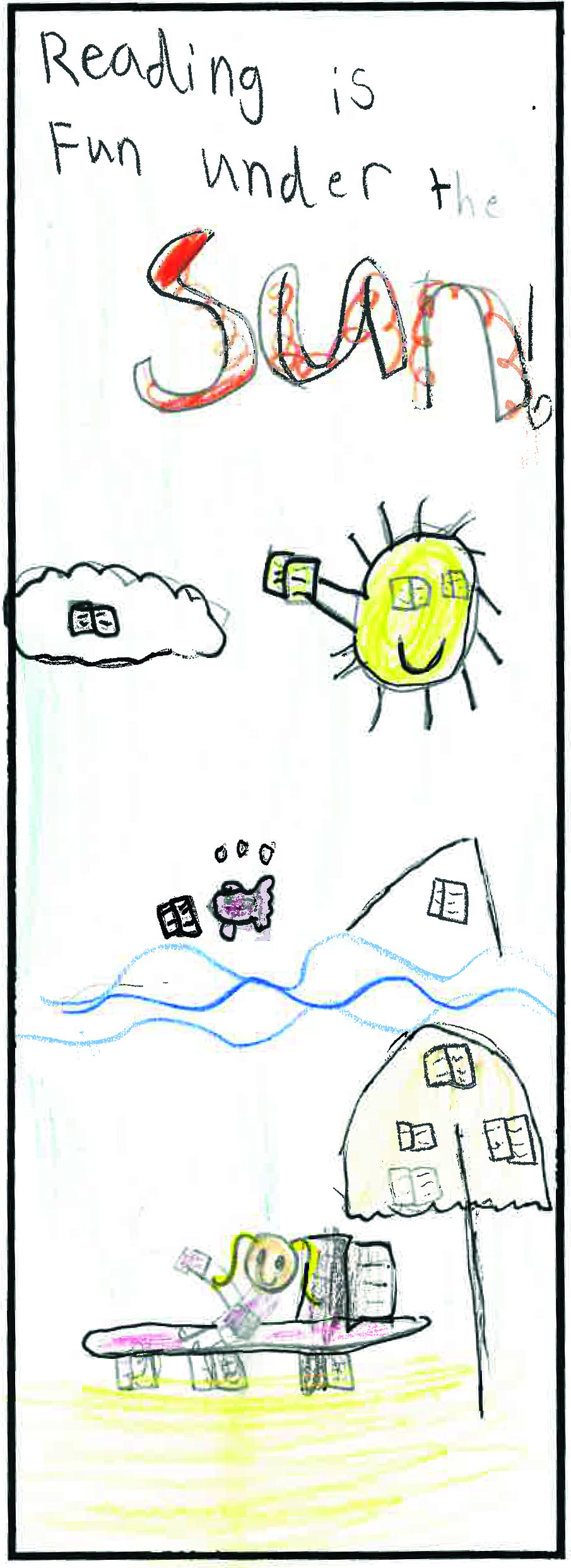 August 2020 bookmark contest winner illustration depicting a girl at the beach reading in a lawn chair with the sun reading in the sky as well. The text says "Reading is fun under the sun"