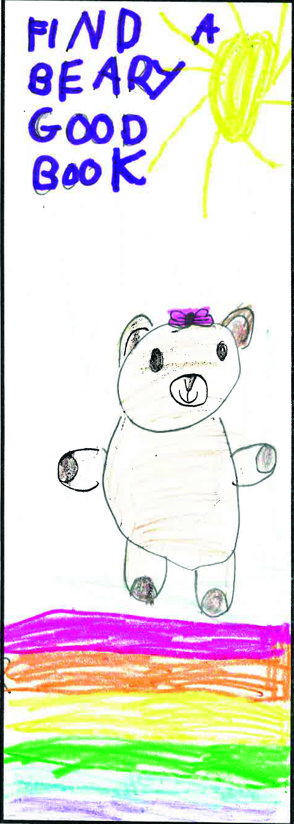 Bookmark contest winner showing an illustration of a smiling bear, reads "find a Beary God Book"