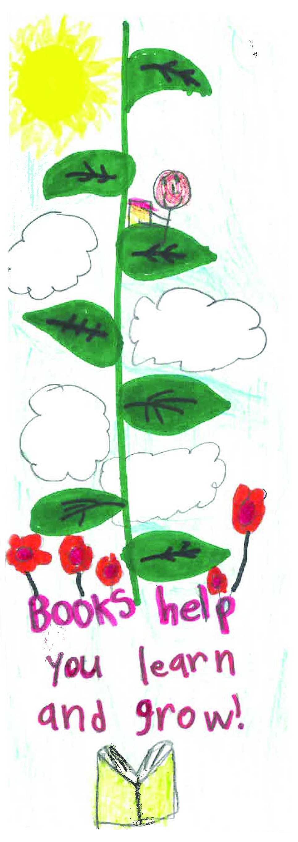 July 2020 Bookmark contest illustration showing flowers and a vine reaching up into the sky with the words "Books help you learn and grow"