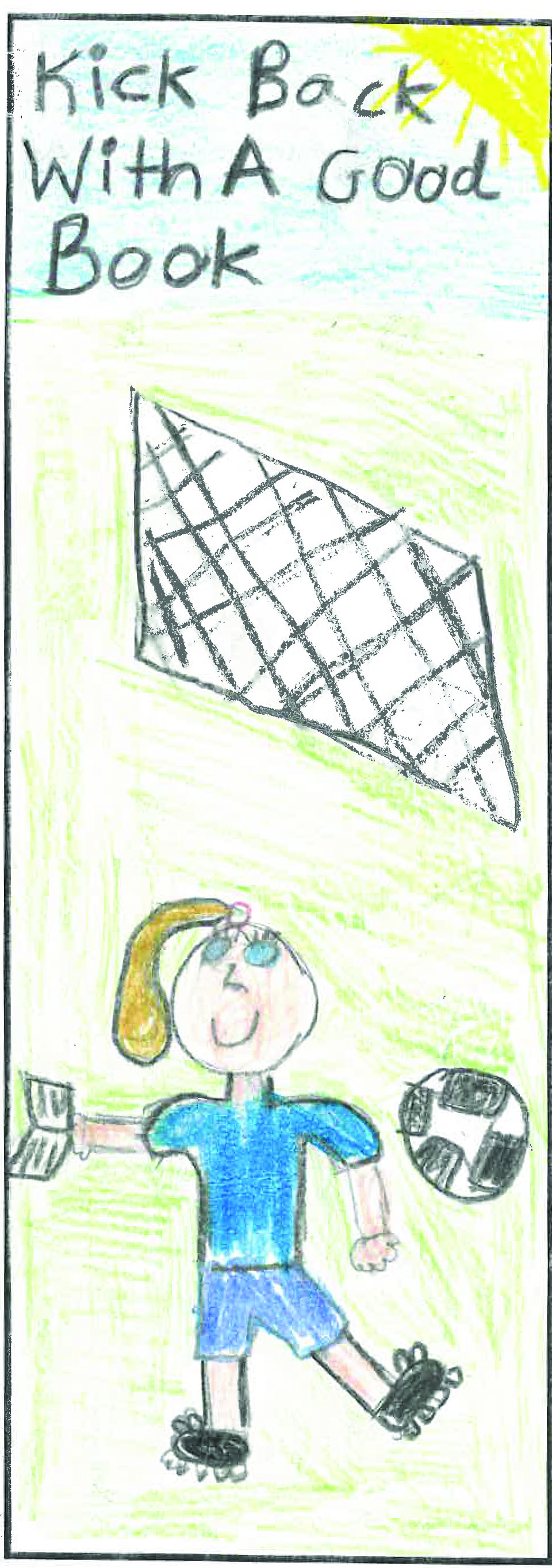 October 2020 bookmark contest winner illustration depicting a soccer player with a book in hand with the words, "Kick Back with a Good Book"