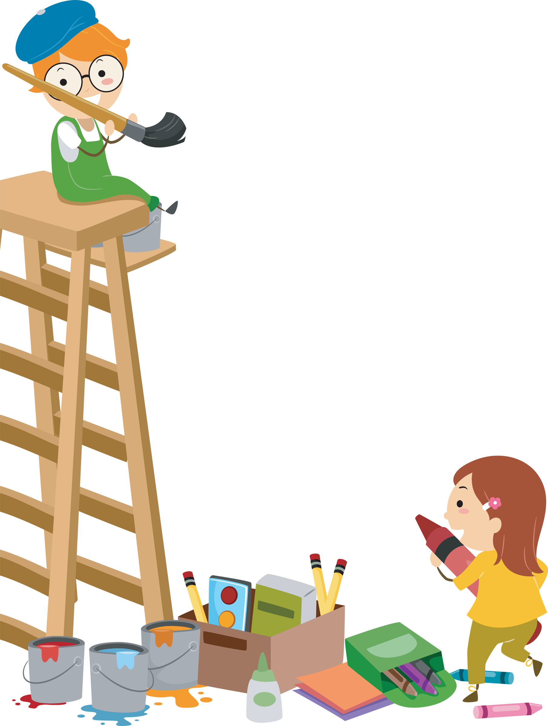 Boy with paint brush on ladder and girl with crayon.