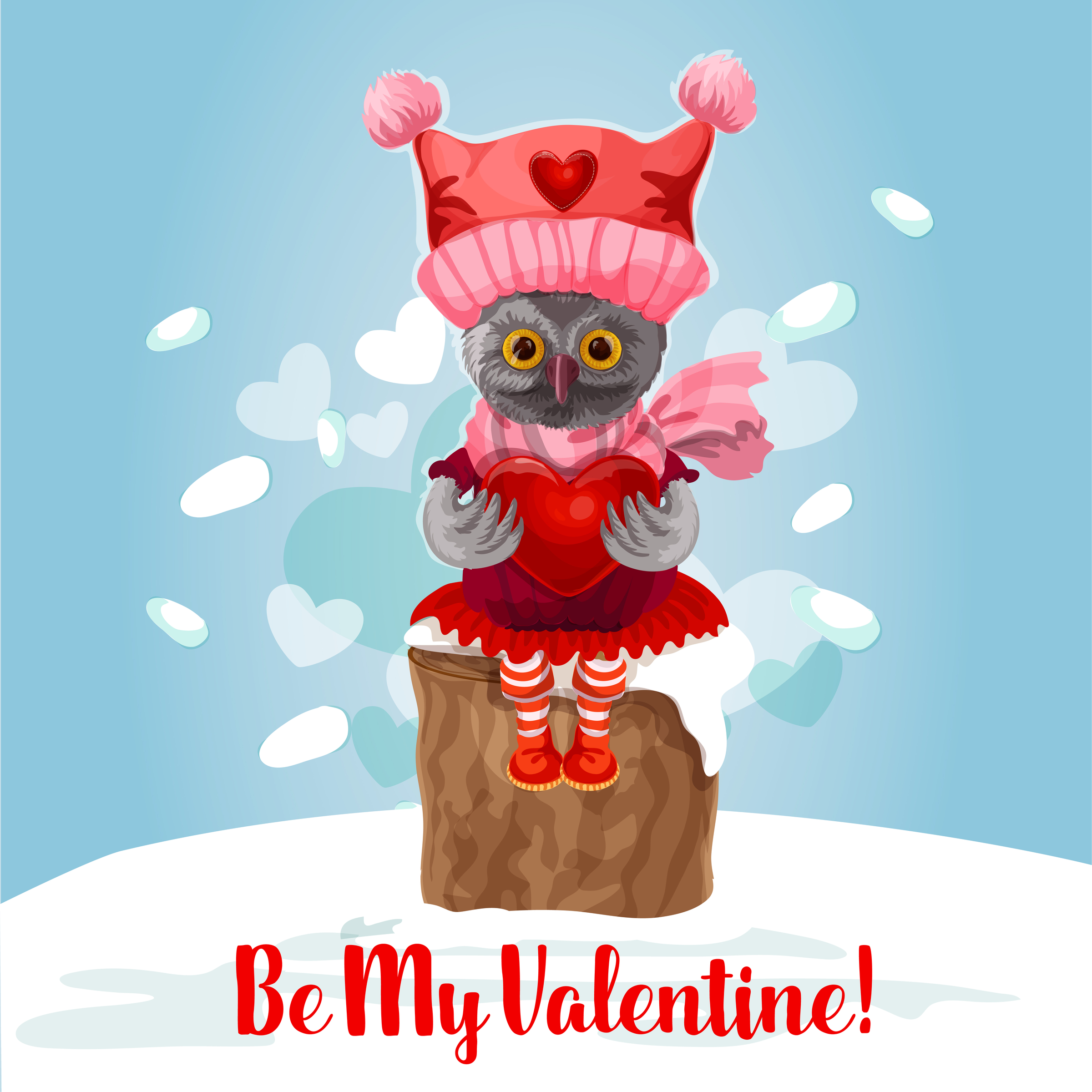 Owl dressed in Valentine clothing with "Be My Valentine" at bottom.