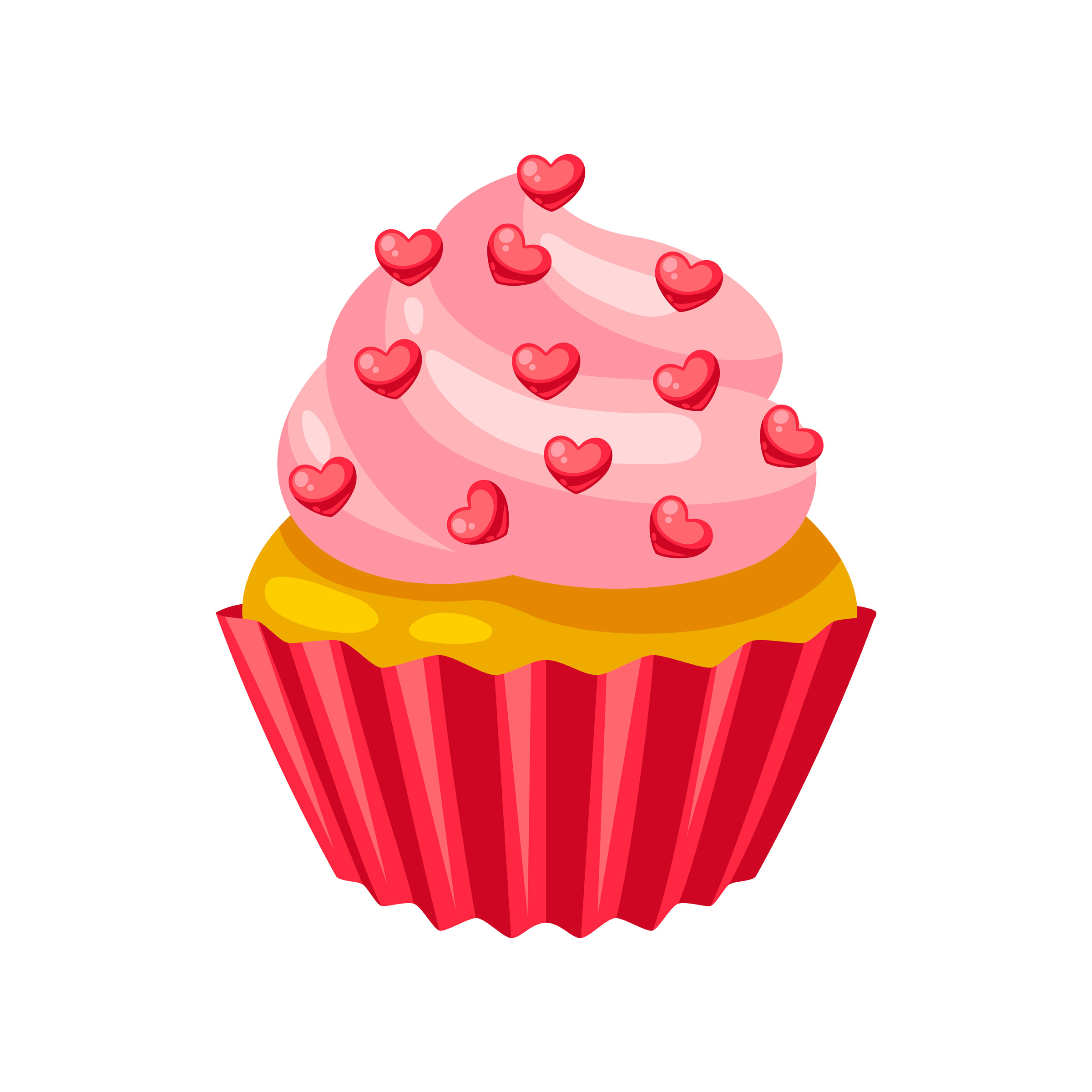 Cupcake with pink frosting and  heart shaped sprinkles.