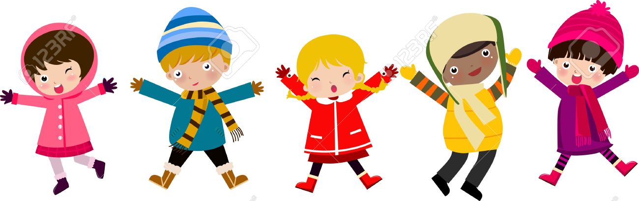 Children dressed in winter clothing dancing.