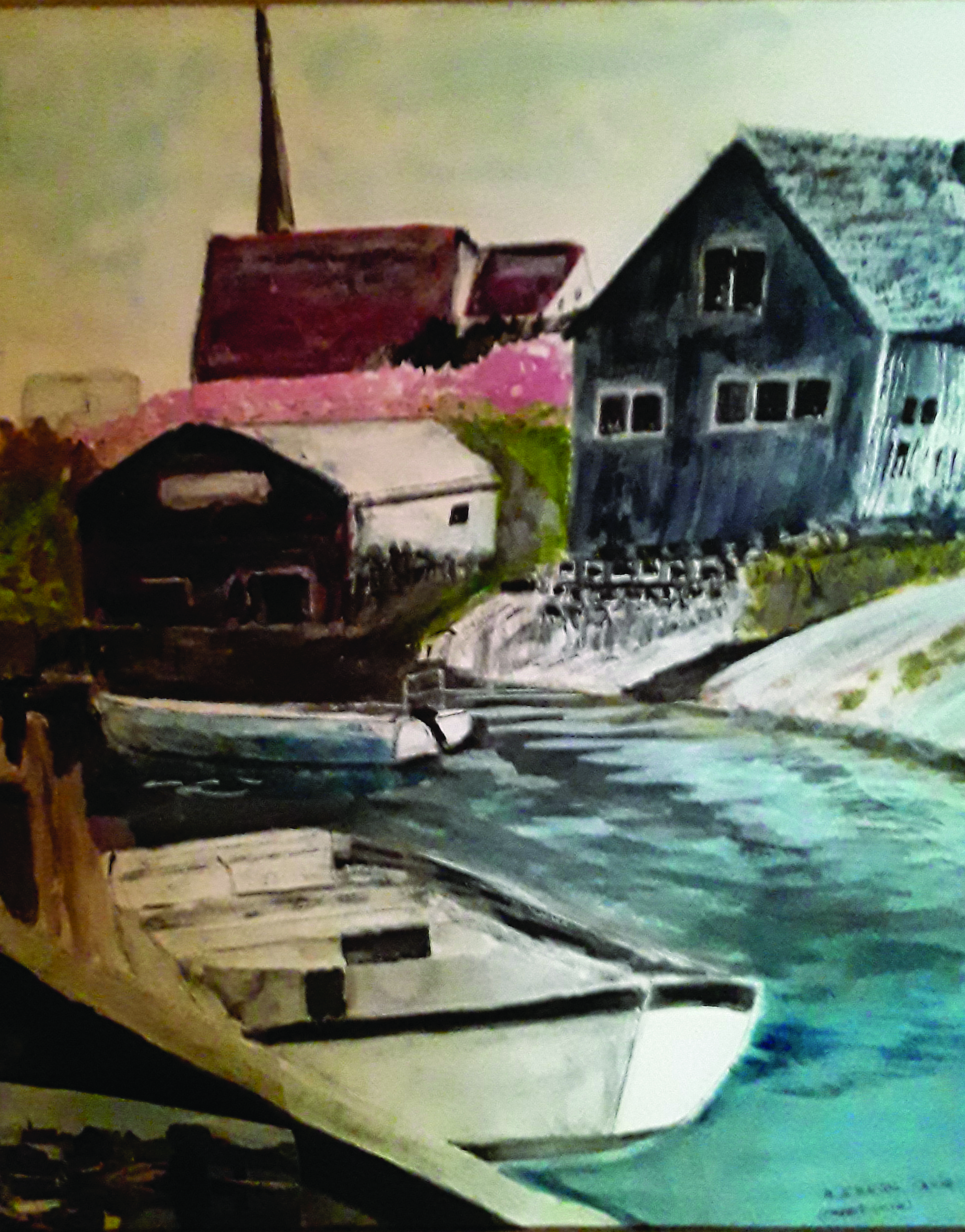 Richard Everl's painting of boat dock and buildins