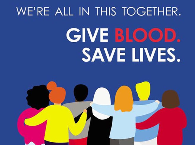 we're all in this together give blood save lives group of people hugging