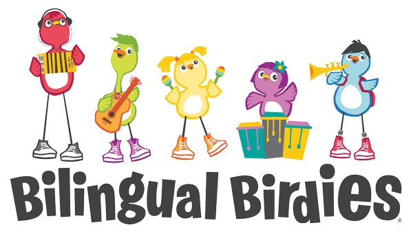 Birds with musical instruments and words Bilingual Birdies underneath