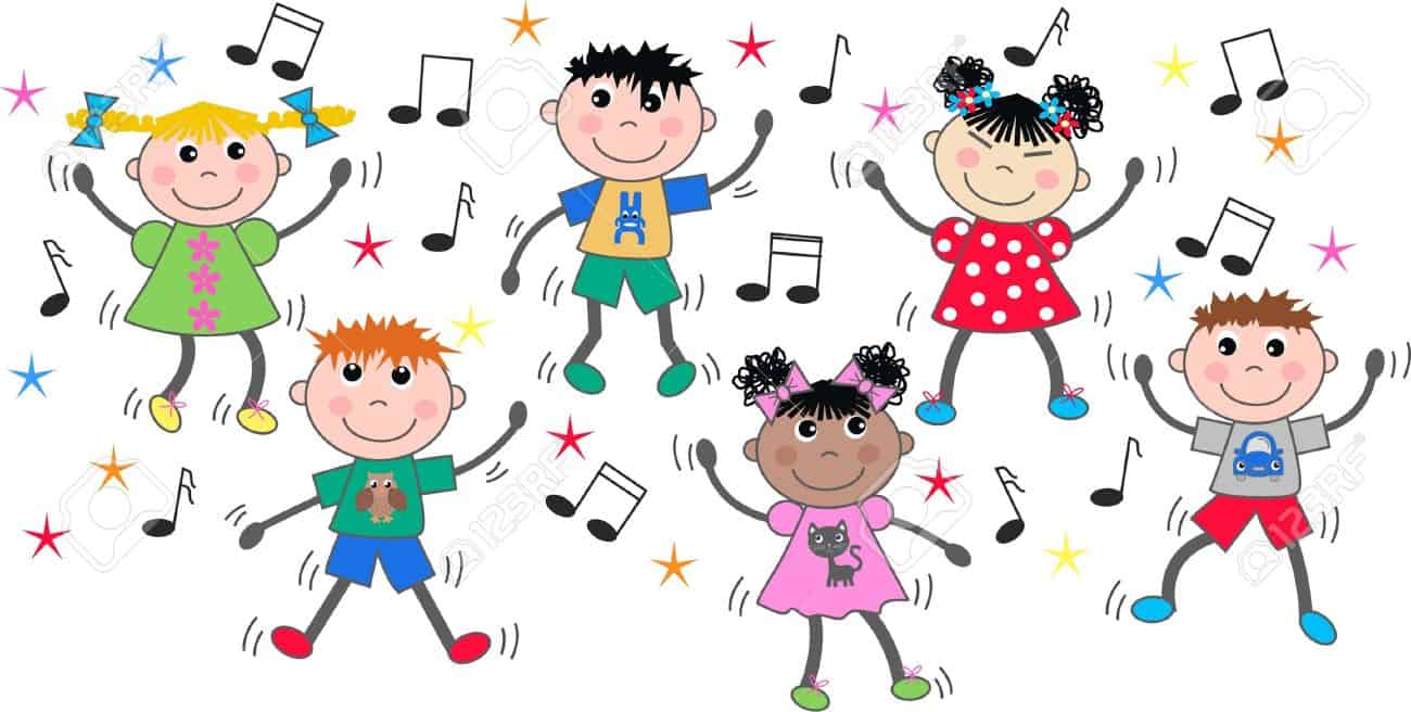 Children dancing to music notes