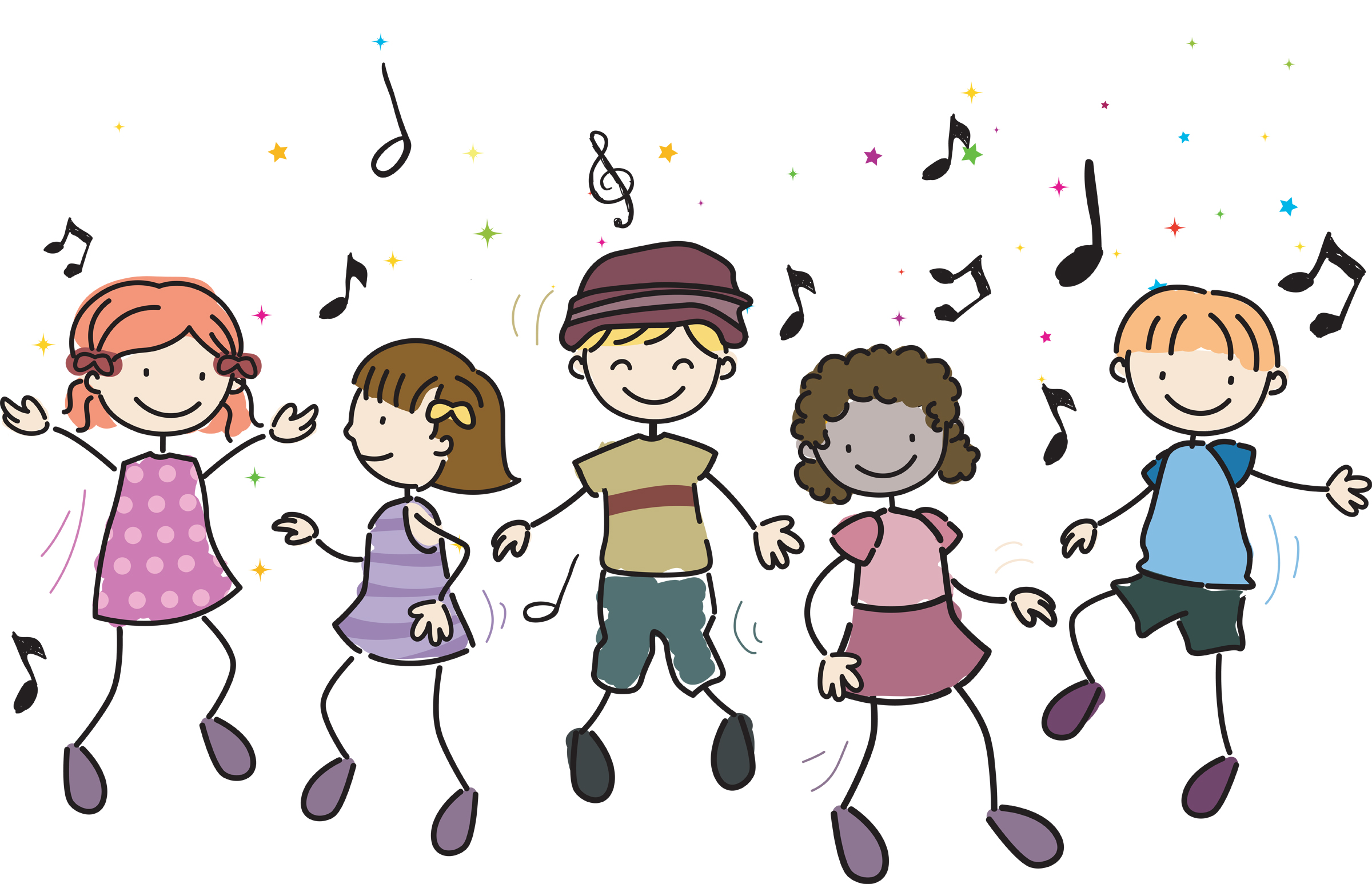 Children dancing to music notes
