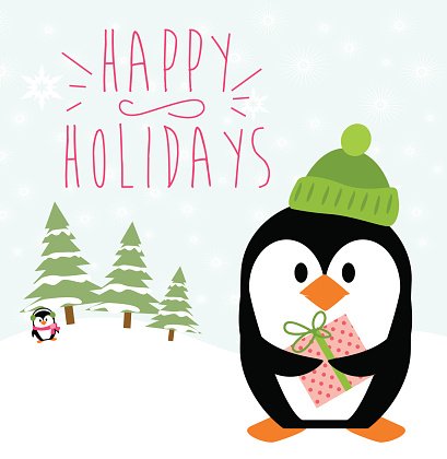 penguin with gift and the words Happy Holidays