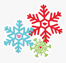three snowflakes, blue, green and red with hearts in the center