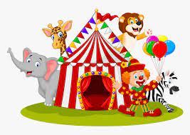 Big Top circus tent with animals and clown