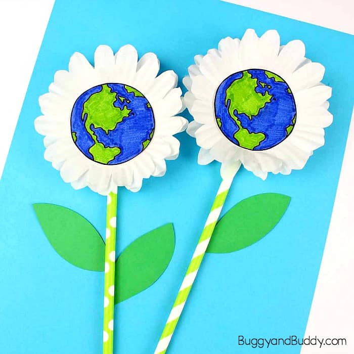cupcake liner flowers with earth images in the center