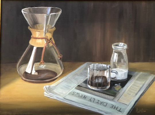  Coffee and News,  Oil by M. Ellen Winter