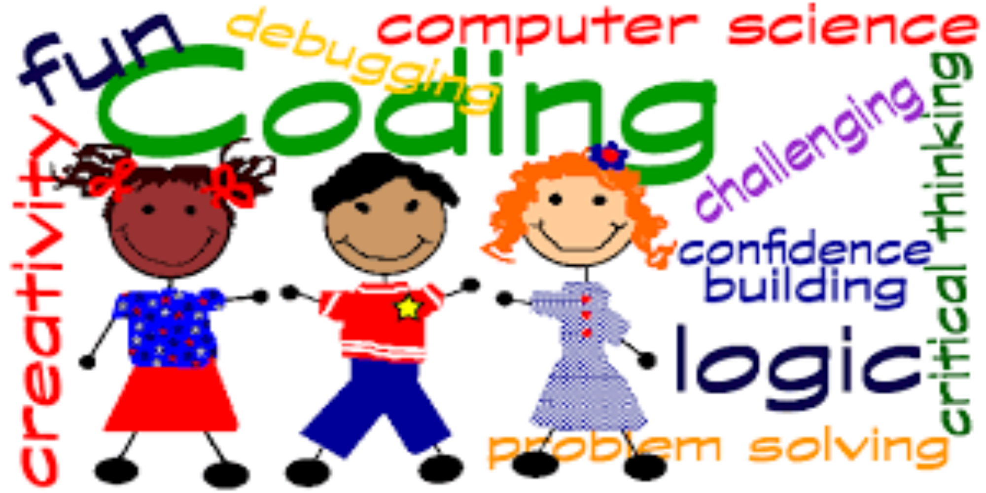 kids with coding words surrounding them
