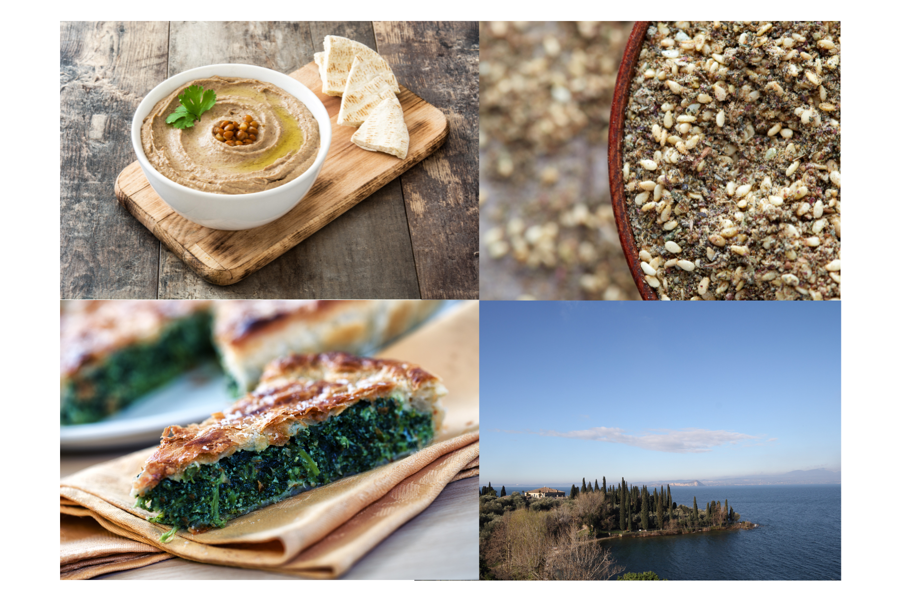 hummus, spinach pie, za'atar, Mediterranean scene