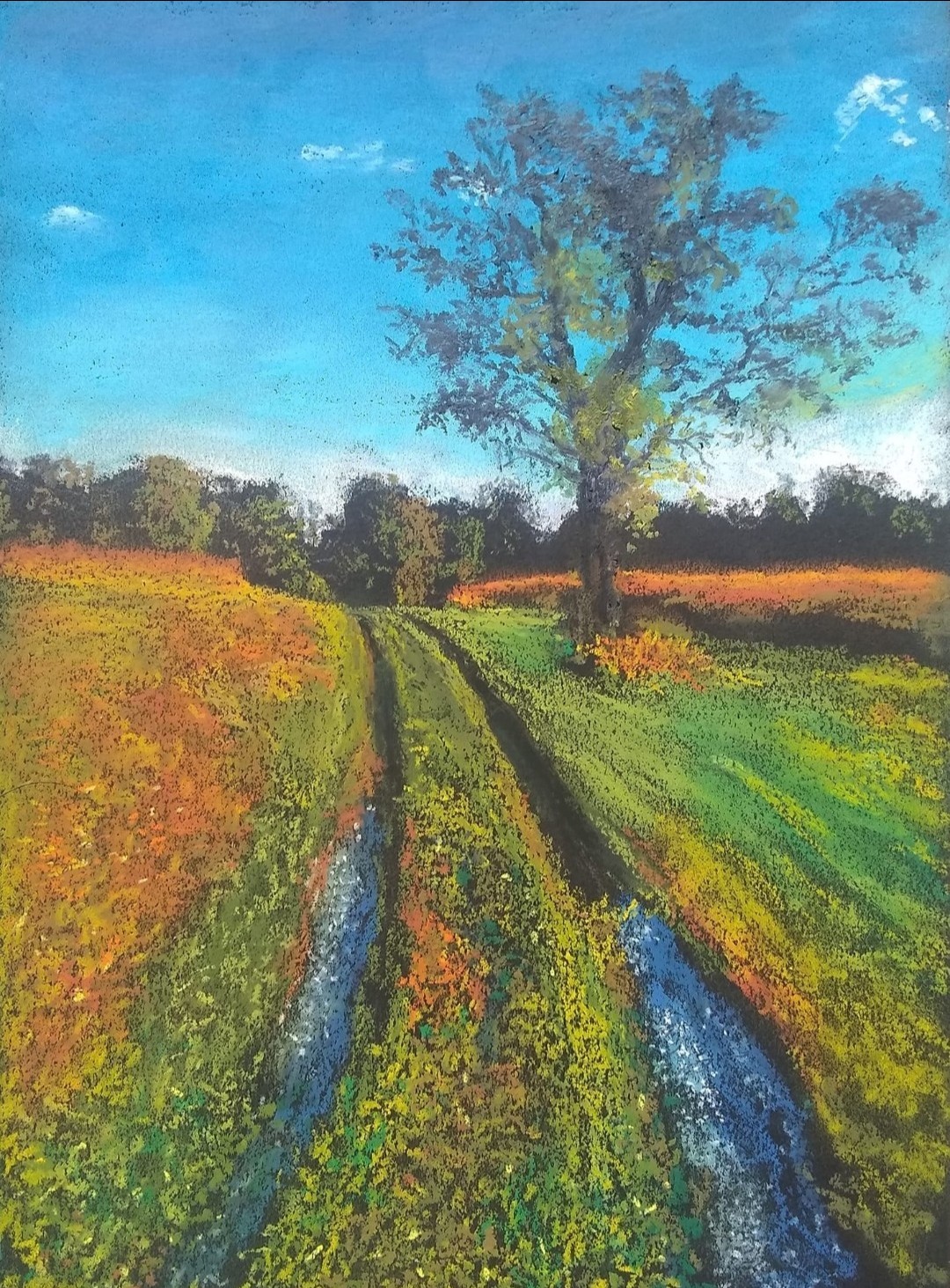 First Day In The Countryside” oil pastel by Rebecca Perea