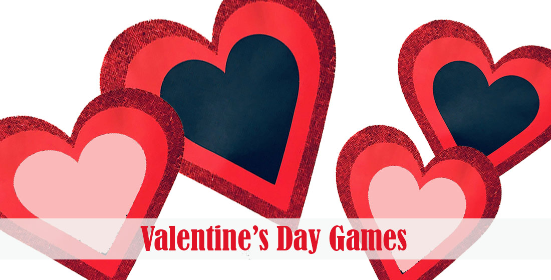 hearts with a the words Valentine's Day Games