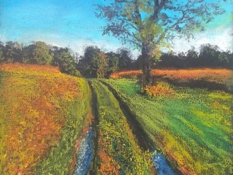First Day In The Countryside” oil pastel by Rebecca Perea