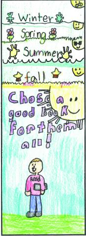 April 2020 bookmark contest winner illustration showing a boy with a book and a shirt that says "Read" with the following tagline: "Winter Spring Summer Fall: Chose a good book for them all!"