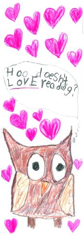 February 2020 Bookmark content winner showing an illustration of an owl with hearts that says "Hoo doesn't love reading?"