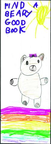 Bookmark contest winner showing an illustration of a smiling bear, reads "find a Beary Good Book"
