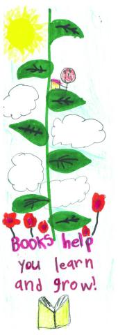 July 2020 Bookmark contest illustration showing flowers and a vine reaching up into the sky with the words "Books help you learn and grow"