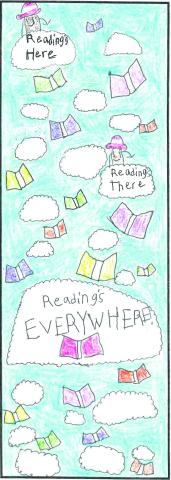 June 2020 bookmark contest winner illustration showing books and clouds with the words "Reading's here, Reading There, Reading's Everywhere"