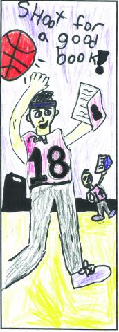 March 2020 bookmark contest winner illustration showing a basketball player with a book and it reads, "Shoot for a good book"