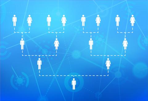 Family tree infographic of several generations on blue techno background