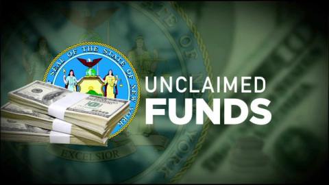 New York State seal, stack of money