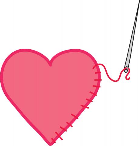 Heart being sewn together with needle and thread.