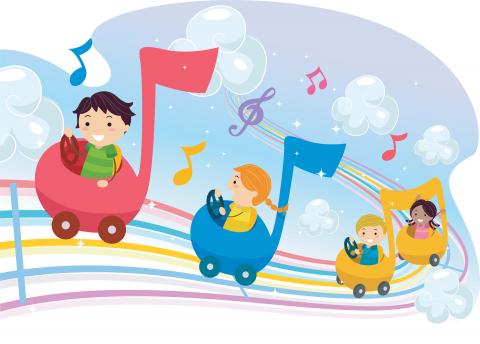 Children riding in music notes over a rainbow.
