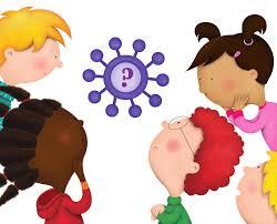 Children encircling a coronavirus image with question mark in the center