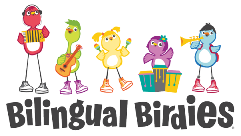 Birds with musical instruments and words Bilingual Birdies underneath