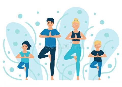 two children and parents doing yoga