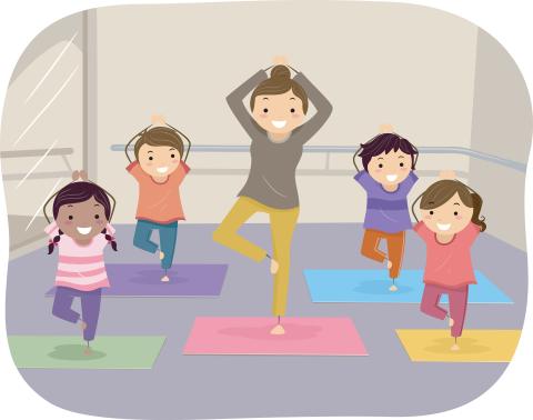 children doing yoga with an instructor