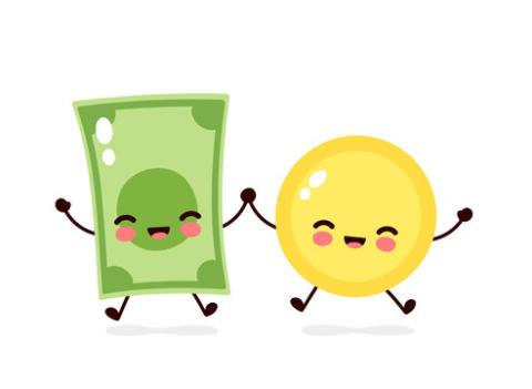 a dollar bill and a coin